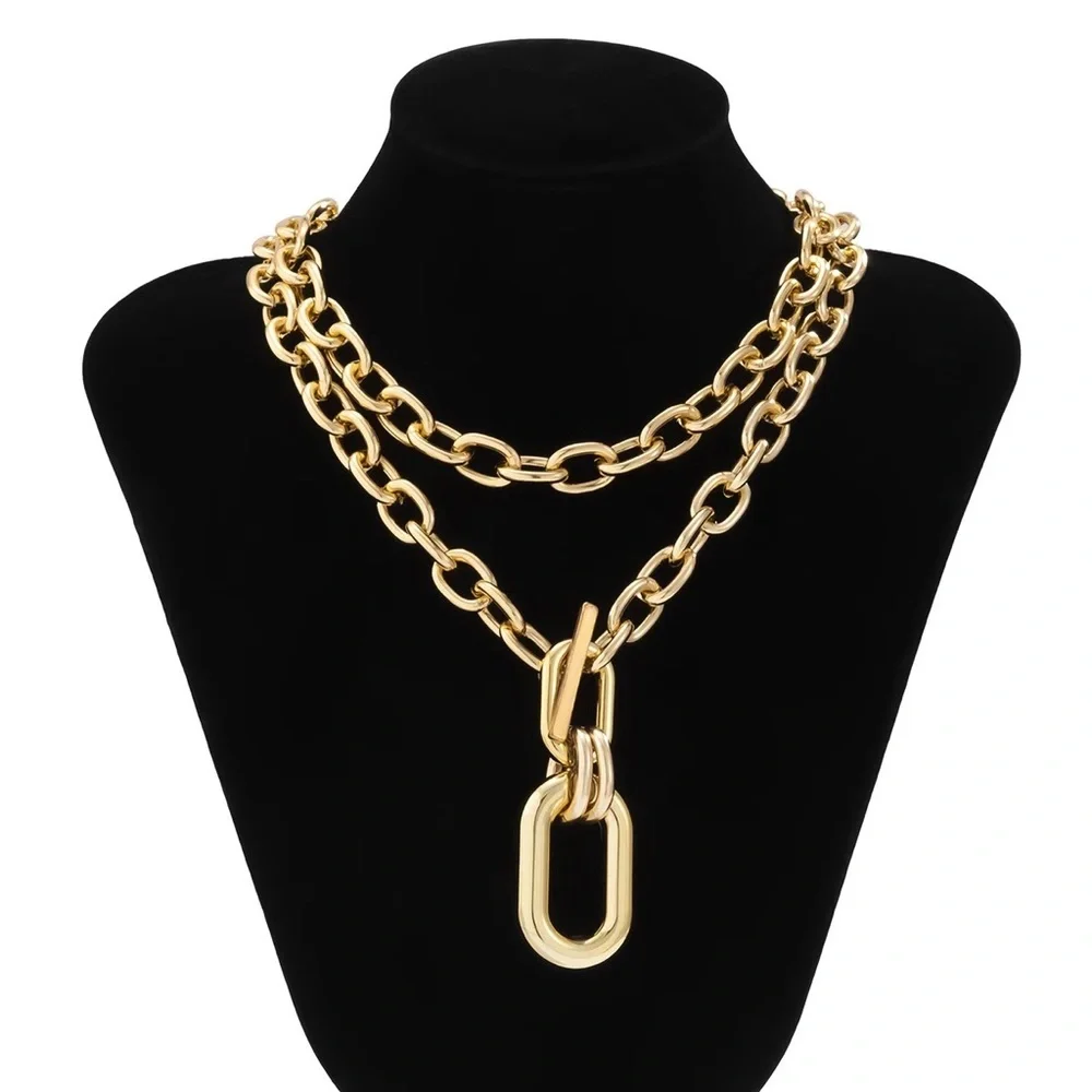 2pcs Zara Set Gold Double Interlock Oval Circle Link Chain Necklace